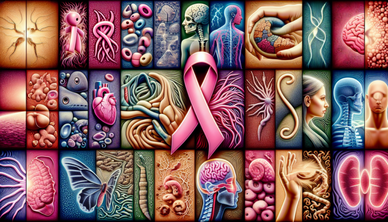 Illustration de diverses maladies débutant par la lettre C : cancer du sein, chondroarthrite, maladie d'Alzheimer, lupus, crise d'asthme.