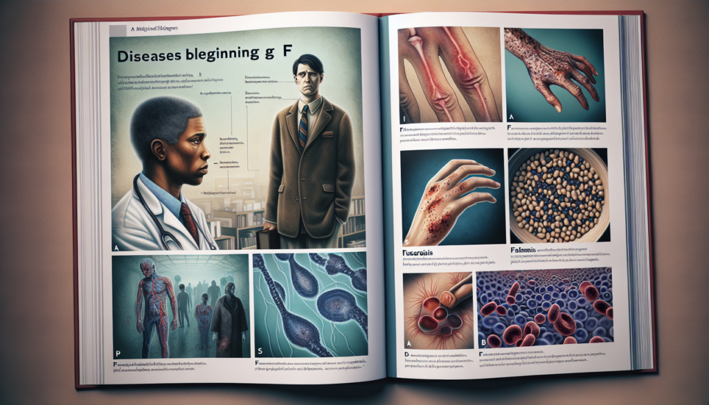 Illustration maladie en F tirée d'un manuel médical : Fibromyalgie, Fusariosis et Favisme.