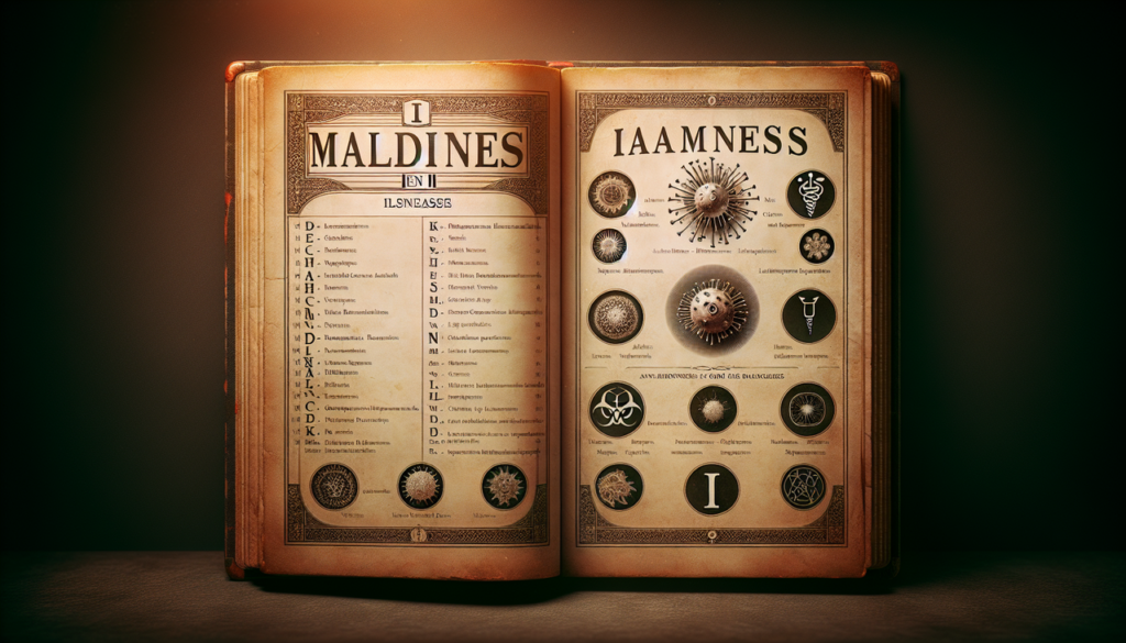 Illustration vintage de maladies en I avec en-tête, texte élégant, drop caps et illustrations de virus, inflammation et système immunitaire.