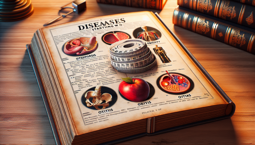 Illustration liste maladies commençant par "O" en français: Ostéoporose, Obésité, Otite.