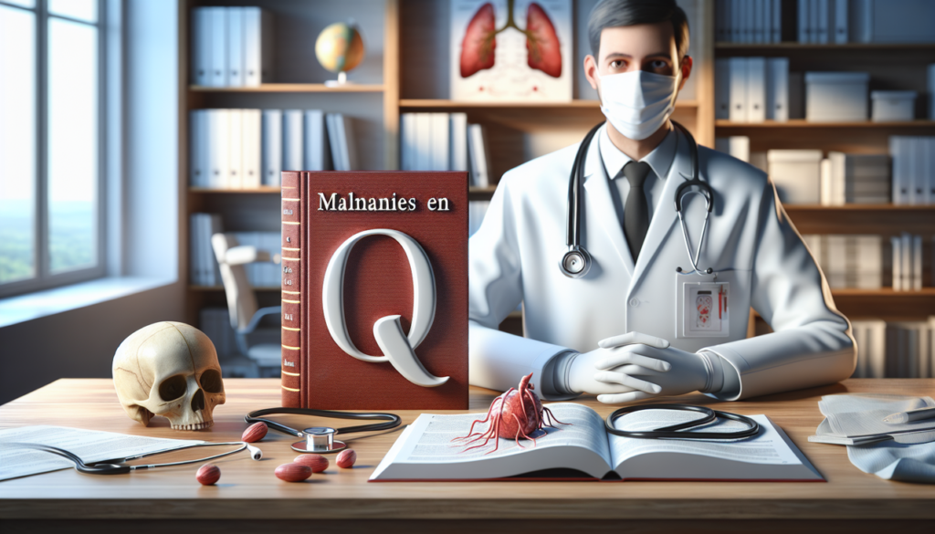 Illustration médicale : Maladies en Q, livres, stéthoscope, blouse blanche, quinte de toux, œdème de Quincke.