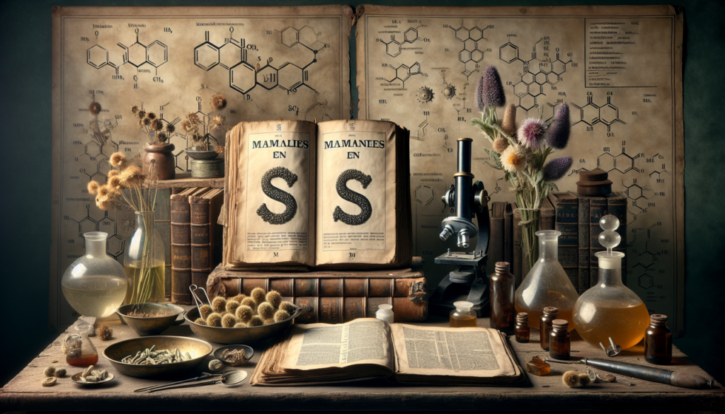 Représentation détaillée de maladies en S : dictionnaire médical, herbes médicinales et équipement scientifique.