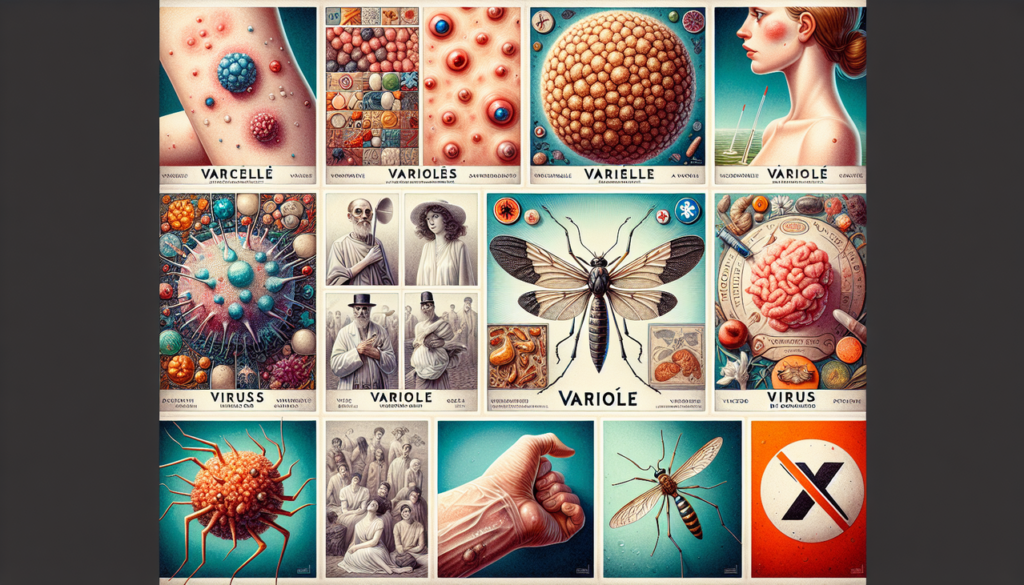 Illustration détaillée des maladies en V : Varicelle, Variole, Virus du Nil occidental. Textes élégants.