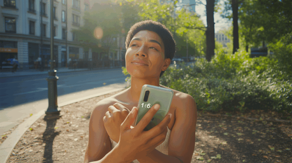 Personne réaliste dans un parc urbain en fin d’après-midi, observant l’heure 16h16 sur un téléphone, baignée d’une lumière naturelle évoquant un moment de pensées positives.