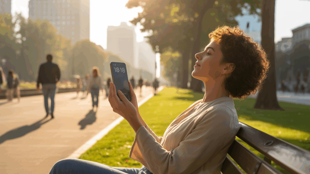 Scène réaliste au coucher du soleil dans un parc urbain, montrant une personne observant l’heure 18h18 sur un téléphone, symbolisant gratitude et abondance.