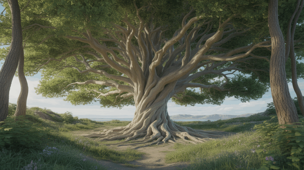 Arbre ancien et majestueux dans une clairière ensoleillée, symbolisant la connexion et la sagesse spirituelle.