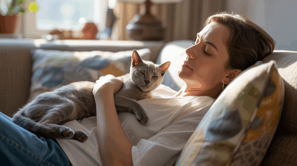 Scène réaliste d’une personne allongée sur un canapé avec un chat dormant paisiblement sur sa poitrine, dans une lumière douce et naturelle.