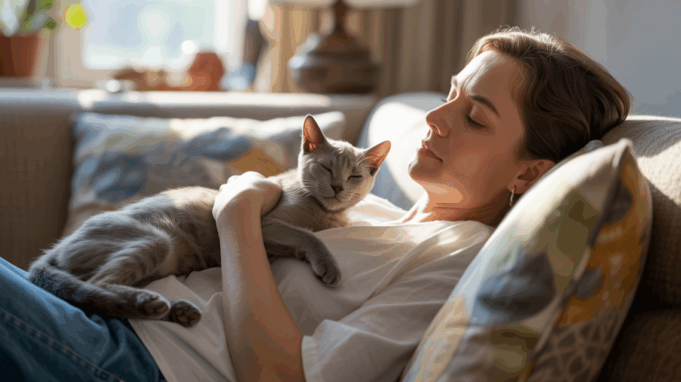 Scène réaliste d’une personne allongée sur un canapé avec un chat dormant paisiblement sur sa poitrine, dans une lumière douce et naturelle.