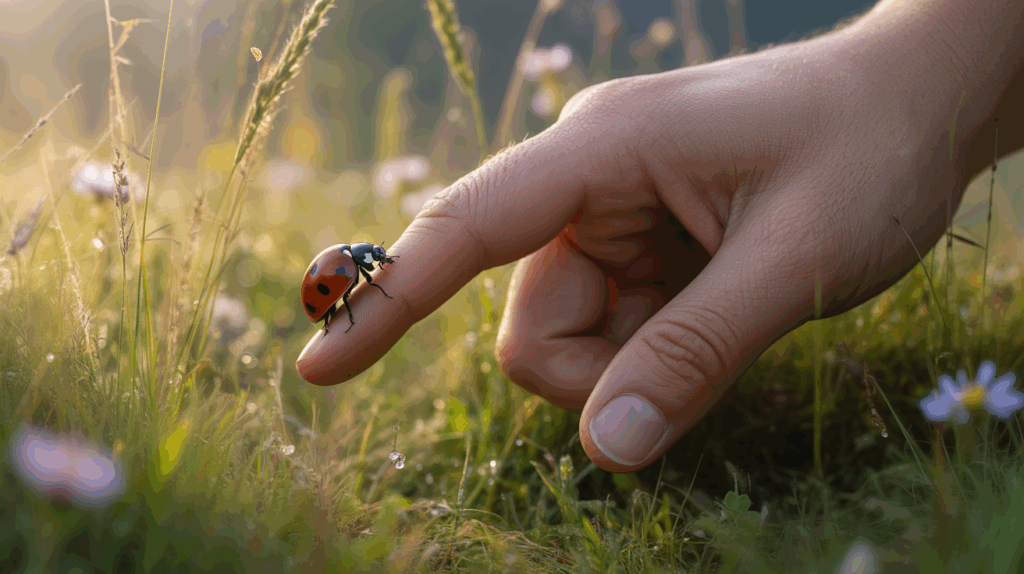 Une coccinelle rouge posée sur un doigt humain dans une prairie ensoleillée, avec des couleurs vives et un réalisme naturel évoquant la chance et la guidance spirituelle.