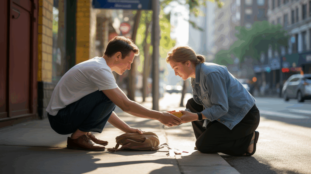 Scène réaliste du matin où une personne aide une autre à ramasser des objets tombés sur un trottoir ensoleillé, illustrant l’humanité et la compassion.