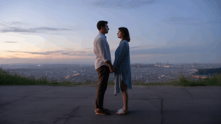 Scène réaliste d’un couple au crépuscule à 20h02 sur un belvédère urbain suggérant dualité et connexion amoureuse.