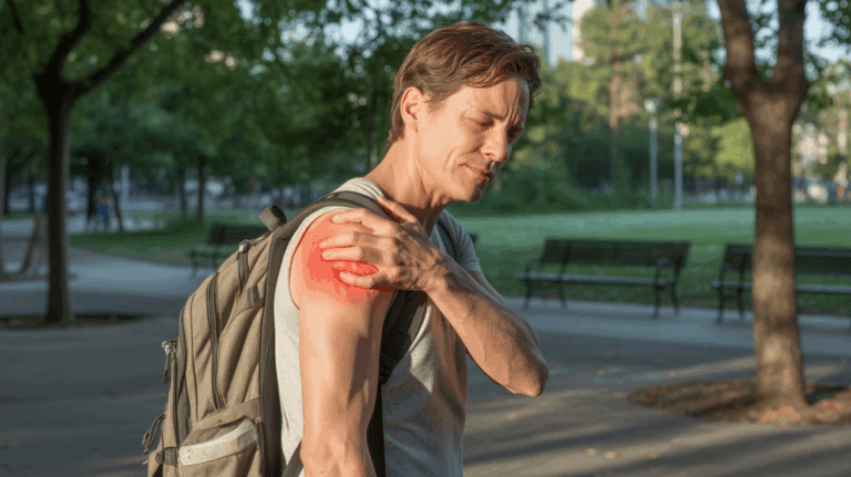 Personne dans un parc au lever du soleil touchant son épaule avec une expression pensive, symbolisant le poids émotionnel et les charges qu’elle porte.