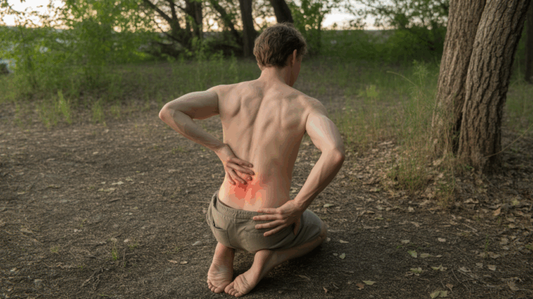Personne debout pieds nus dans une clairière forestière, main posée sur le sacrum, scène réaliste évoquant la douleur et l’ancrage émotionnel.