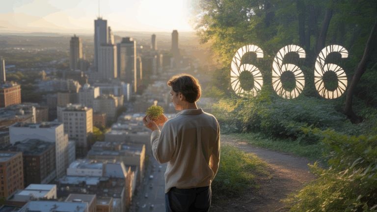 Scène réaliste montrant une personne observant la transition entre une ville vivante et une forêt lumineuse au lever du soleil, symbolisant l’équilibre entre matériel et spirituel avec des détails naturels et authentiques.