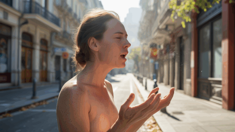 Personne sur une rue réelle au moment juste avant un éternuement, éclairée par une lumière naturelle du matin, scène réaliste avec détails authentiques et ambiance légèrement spirituelle.