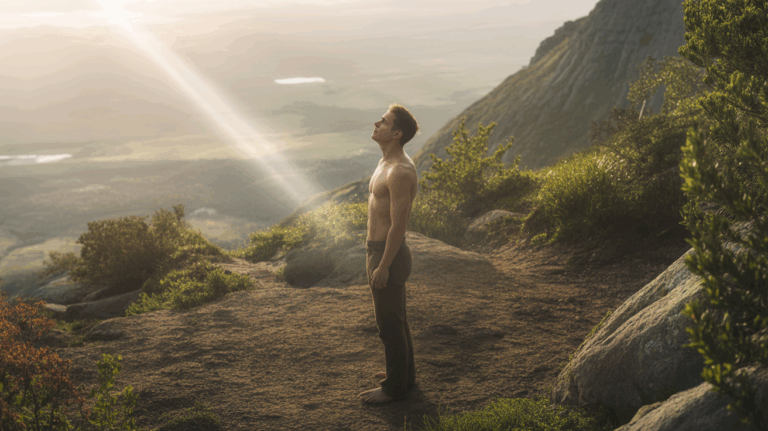 Personne contemplant un lever de soleil sur une crête montagneuse, baignée de lumière dorée évoquant subtilement une énergie spirituelle.