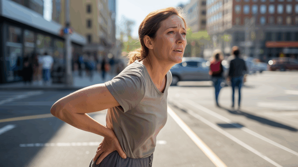 Femme debout en ville au coucher du soleil tenant sa hanche droite avec une expression inquiète, symbolisant l’émotion et la peur de l’avenir.