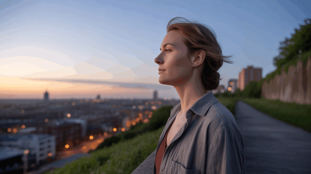 Scène réaliste d’une personne observant la ville au crépuscule à 20h20, exprimant harmonie et équilibre.