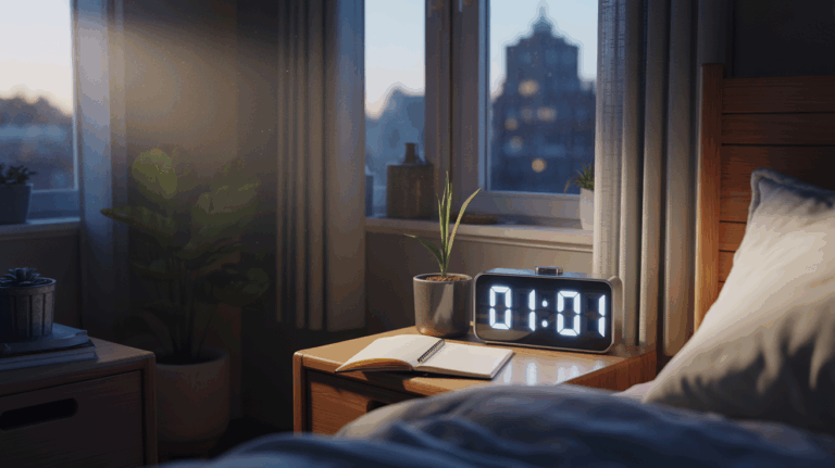 Scène réaliste d’une chambre urbaine de nuit avec une horloge affichant 01h01, baignée de lumière lunaire et évoquant un nouveau cycle.