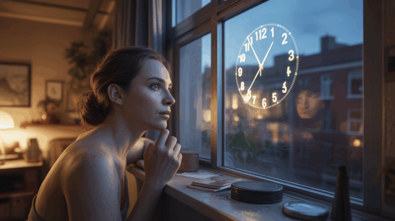 Personne réaliste observant une horloge indiquant 21h12 dans un appartement nocturne éclairé par la lune, avec une ambiance naturelle et introspective.