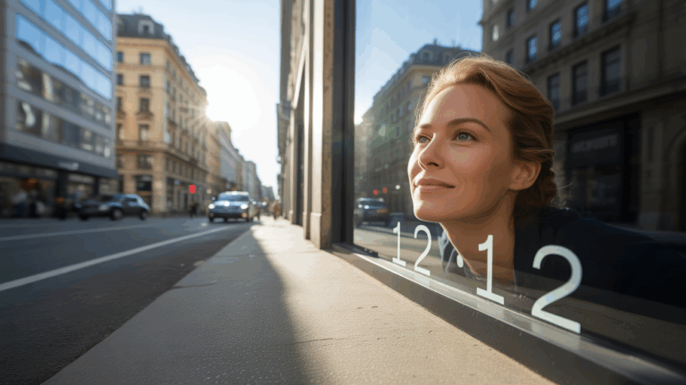 Scène urbaine en plein jour montrant à 12h12 un moment lumineux symbolisant le renouveau et l’optimisme, avec une personne réaliste baignée de lumière naturelle.