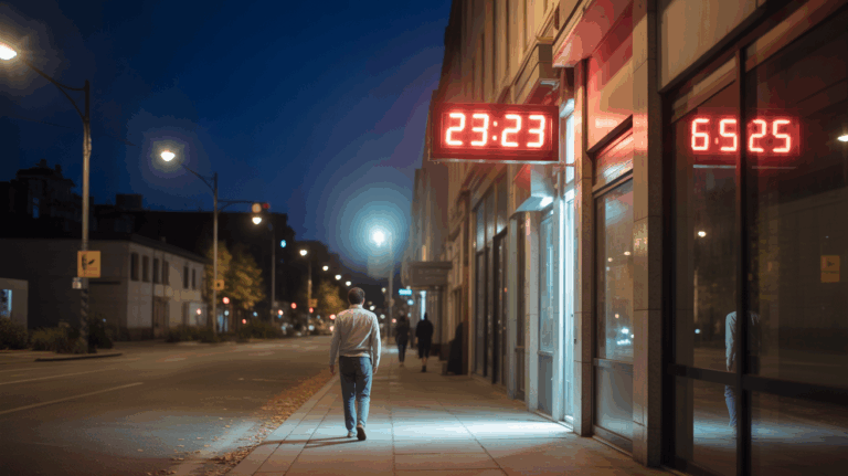 Scene urbaine nocturne réaliste avec une horloge affichant 23h23 et une personne marchant sous des lampadaires, évoquant une guidance spirituelle.