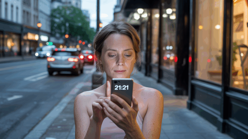 Scène réaliste d'une personne dans une rue au crépuscule regardant son téléphone affichant 21h21, avec une ambiance naturelle et intuitive.