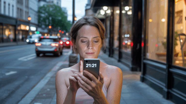 Scène réaliste d'une personne dans une rue au crépuscule regardant son téléphone affichant 21h21, avec une ambiance naturelle et intuitive.