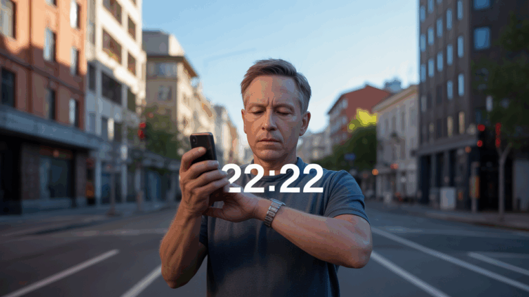 Scène urbaine réaliste en soirée montrant une personne observant l’heure 22h22, dans un décor authentique évoquant maîtrise et réalisation personnelle.