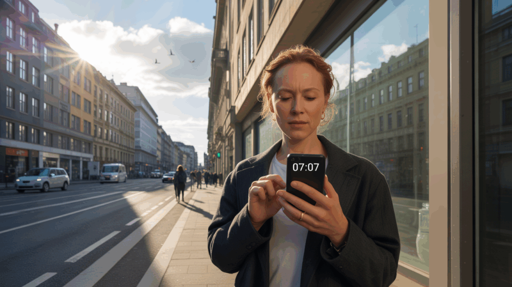 Scène réaliste d’une rue au lever du soleil à 07h07, avec une personne regardant l’heure sur son téléphone et une atmosphère évoquant une prise de conscience spirituelle.