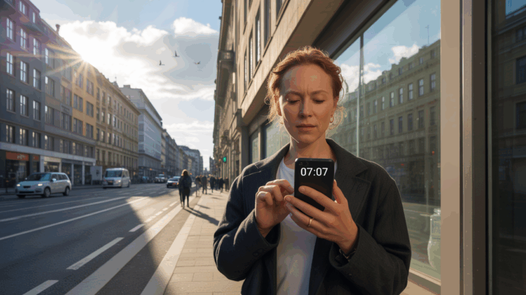 Scène réaliste d’une rue au lever du soleil à 07h07, avec une personne regardant l’heure sur son téléphone et une atmosphère évoquant une prise de conscience spirituelle.