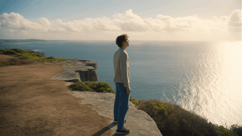 Personne réaliste sur une falaise en bord de mer à 15h15 regardant l’horizon avec une sensation de liberté et d’aventure.