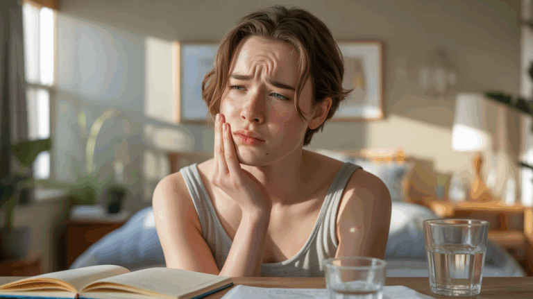 Personne réaliste touchant doucement sa mâchoire dans une scène naturelle et authentique, exprimant une légère douleur mêlée à une introspection émotionnelle.