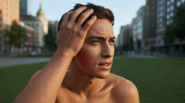 Personne réaliste assise dans un parc urbain au lever du soleil, tenant le côté gauche de sa tête avec une expression introspective et calme.