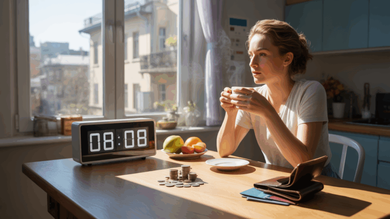 Scène matinale réaliste dans un appartement éclairé par la lumière dorée du soleil, une horloge affichant 08h08 sur une table en bois avec des symboles d’abondance comme fruits frais et pièces de monnaie, personne réfléchissant devant la fenêtre.