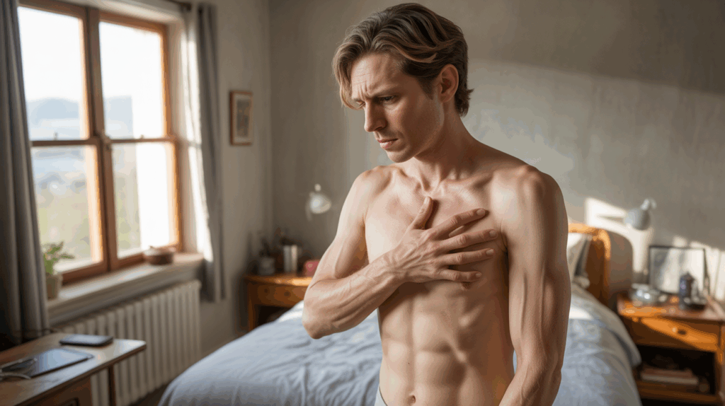 Personne réaliste dans une chambre éclairée naturellement, réfléchissant à la signification émotionnelle d’une douleur corporelle.