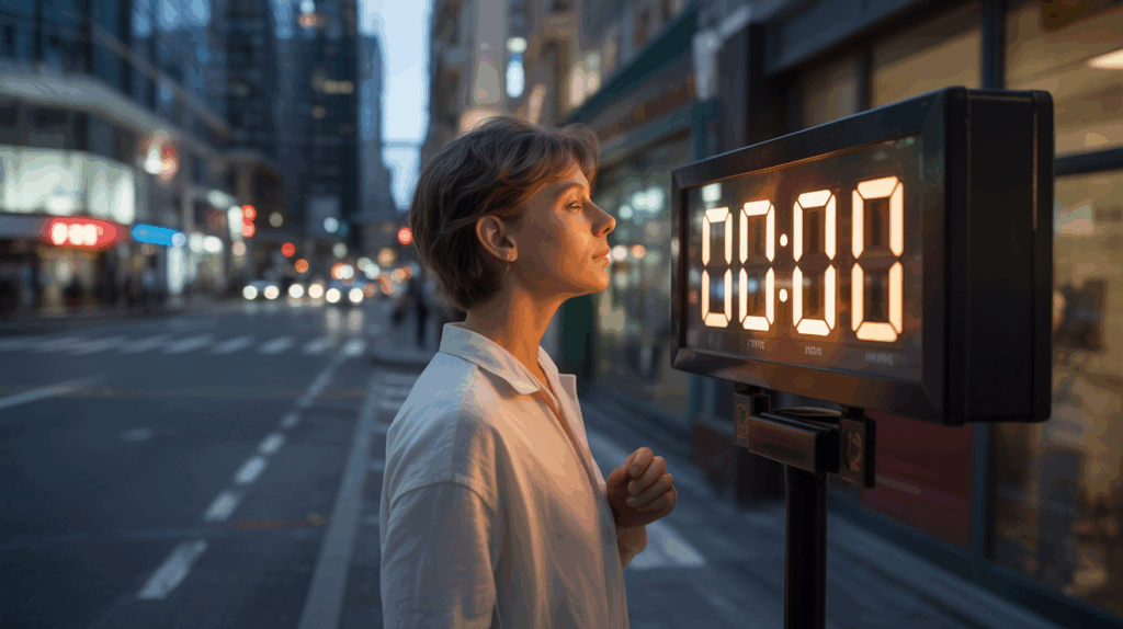 Personne observant une horloge affichant 00h00 dans une rue nocturne réaliste, évoquant un nouveau départ et une atmosphère de renouveau.