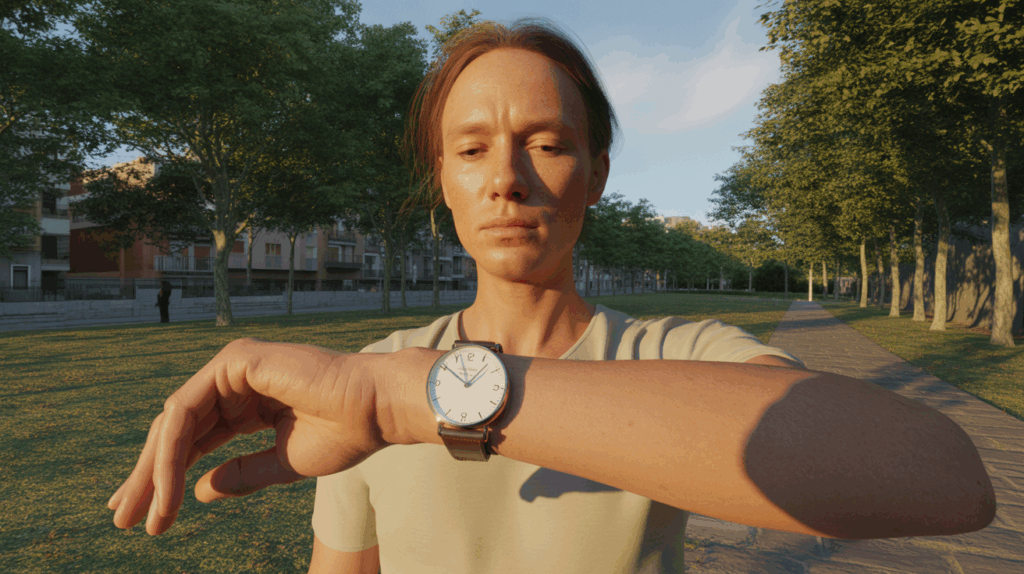 Personne dans un parc au coucher du soleil observant une montre indiquant 17h17, dans une scène réaliste évoquant l’éveil et la transformation.