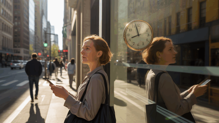 Scène urbaine réaliste en fin d’après‑midi, où une personne remarque l’heure 15h51 avec une expression de réflexion, dans une rue éclairée d’une lumière dorée et naturelle.