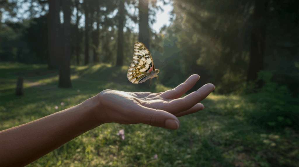Un papillon coloré posé sur une main humaine dans une clairière ensoleillée, évoquant la transformation spirituelle et la connexion avec la nature.