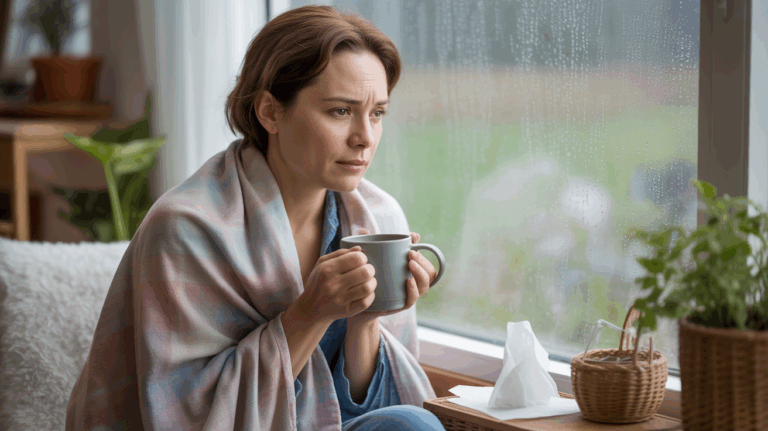 Personne réaliste se reposant près d’une fenêtre un matin pluvieux, enveloppée dans une couverture, avec une tasse de thé et une atmosphère calme évoquant besoin de pause et réflexion.