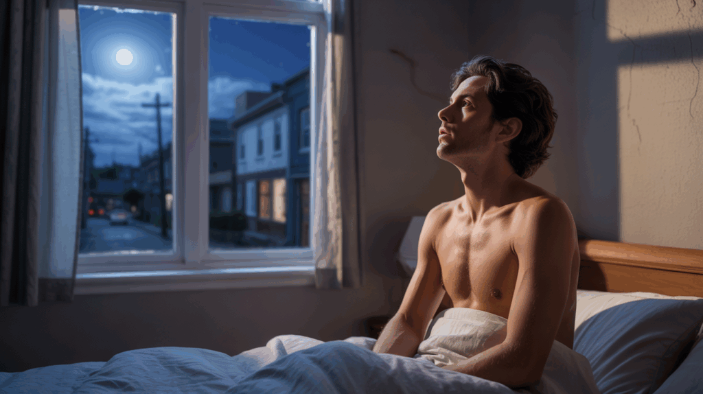 Personne réveillée à 3 heures du matin dans une chambre éclairée par la lune, observant le ciel nocturne avec une atmosphère réaliste et introspective.