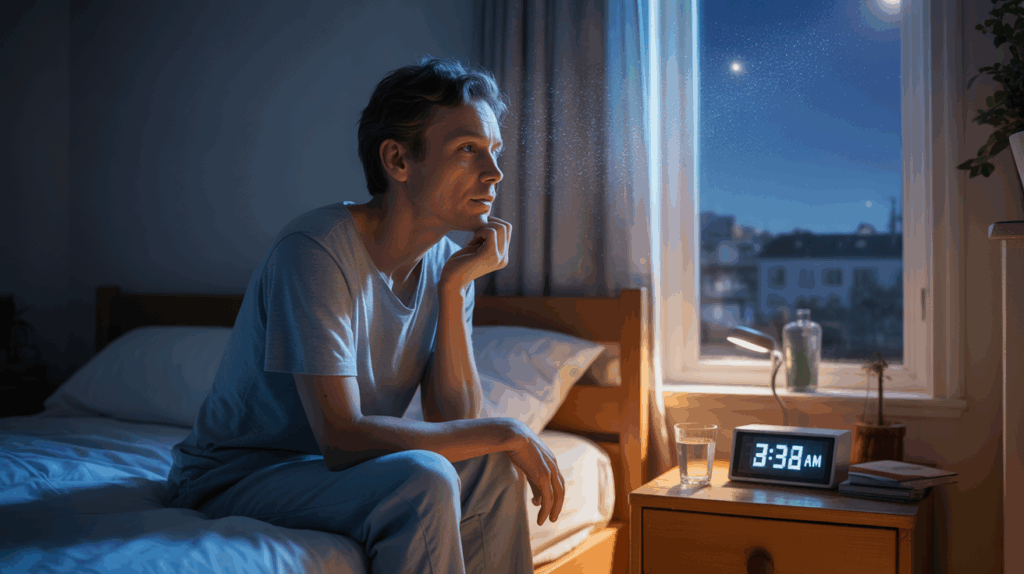 Personne réveillée au milieu de la nuit dans une chambre réaliste, réfléchissant à une signification spirituelle à travers la lumière de la lune.