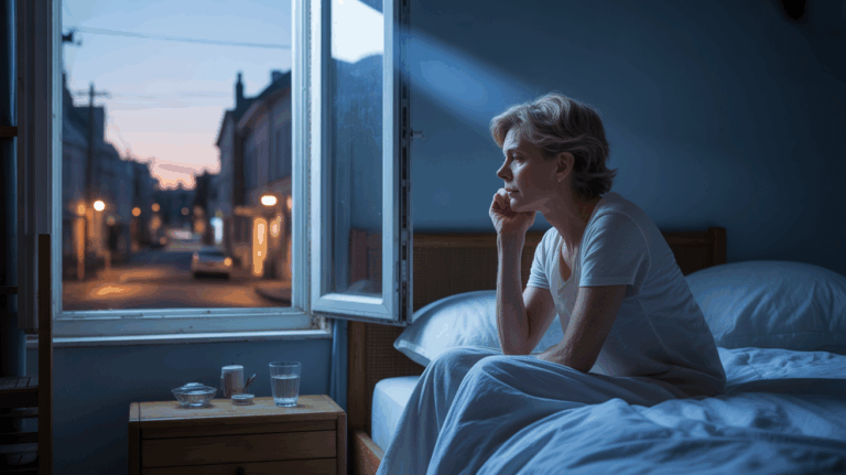 Personne se réveillant naturellement à 4h du matin dans une chambre réaliste éclairée par la lumière bleue de l’aube, avec une ambiance calme et spirituelle.