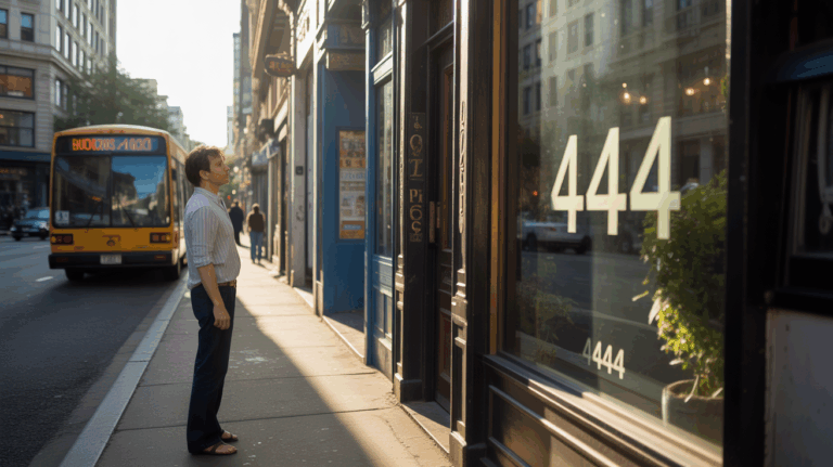 Scène de rue réaliste au coucher du soleil où une personne remarque le chiffre 444 intégré subtilement dans le décor urbain.