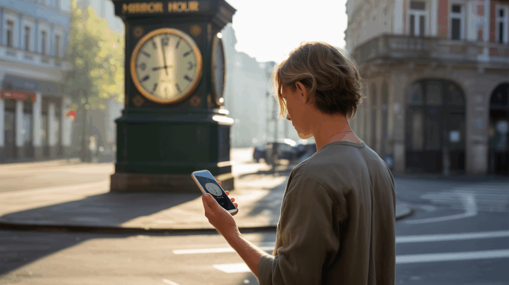 Personne observant une horloge de ville affichant 11h11 au lever du soleil dans une rue réaliste et authentique.