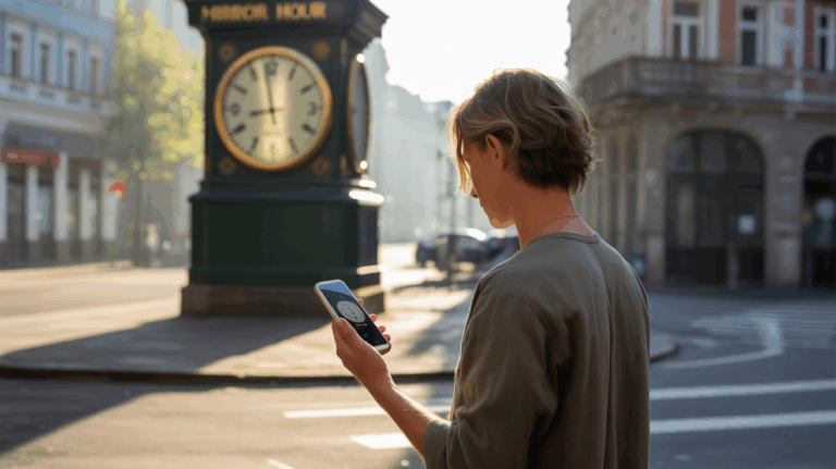 Personne observant une horloge de ville affichant 11h11 au lever du soleil dans une rue réaliste et authentique.