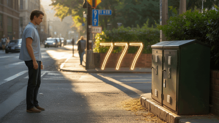 Scène réaliste au coucher du soleil où une personne remarque par hasard le chiffre 777 dans un environnement urbain naturel.