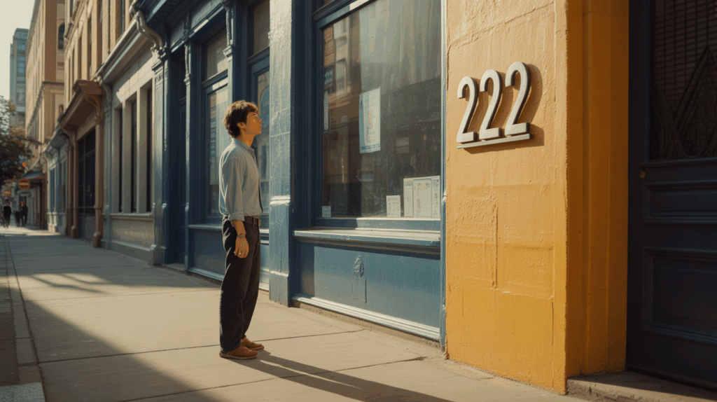 Scène réaliste au coucher du soleil montrant une personne observant le numéro 222 sur la façade authentique d’un bâtiment, évoquant une sensation de synchronicité spirituelle.