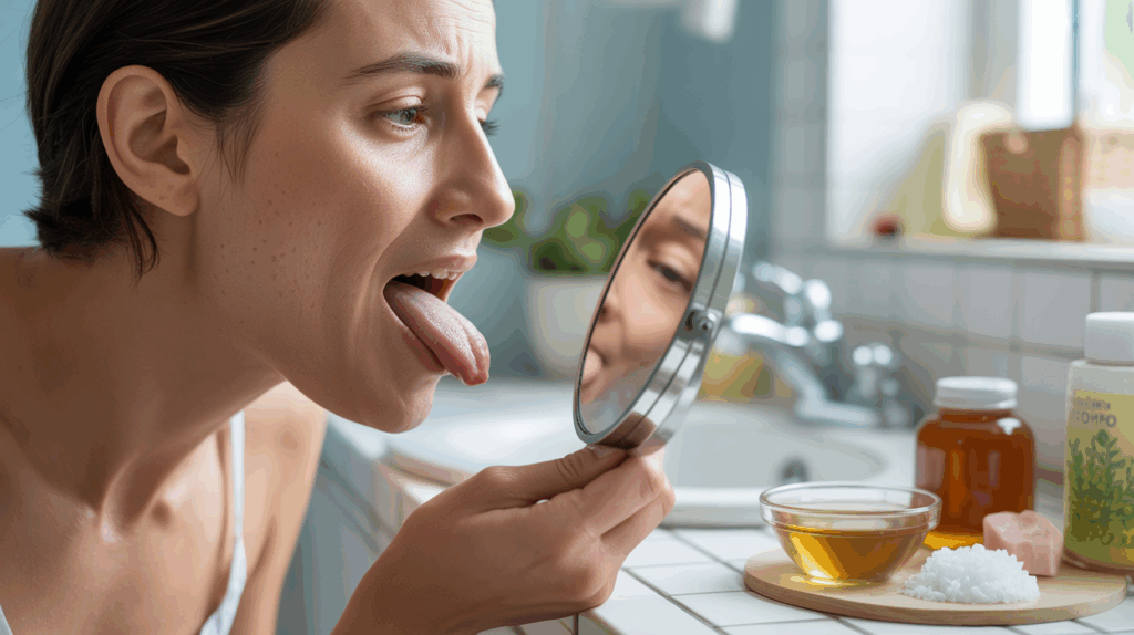 Personne observant un petit bouton sur la langue devant un miroir, dans une salle de bain éclairée naturellement, avec des remèdes naturels posés sur le comptoir.